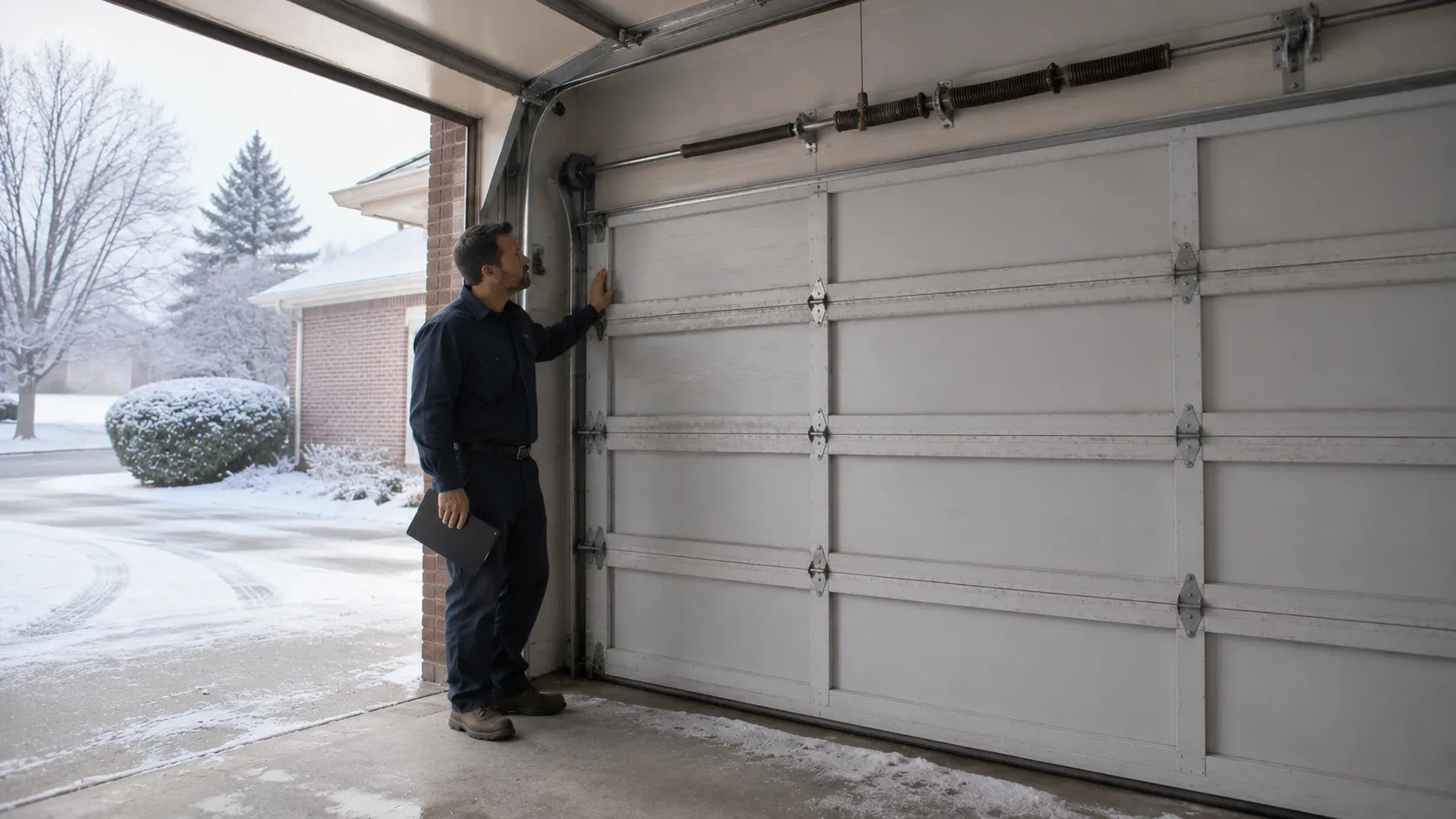 Garage door detail illustrating what cold does to a naperville garage door spring