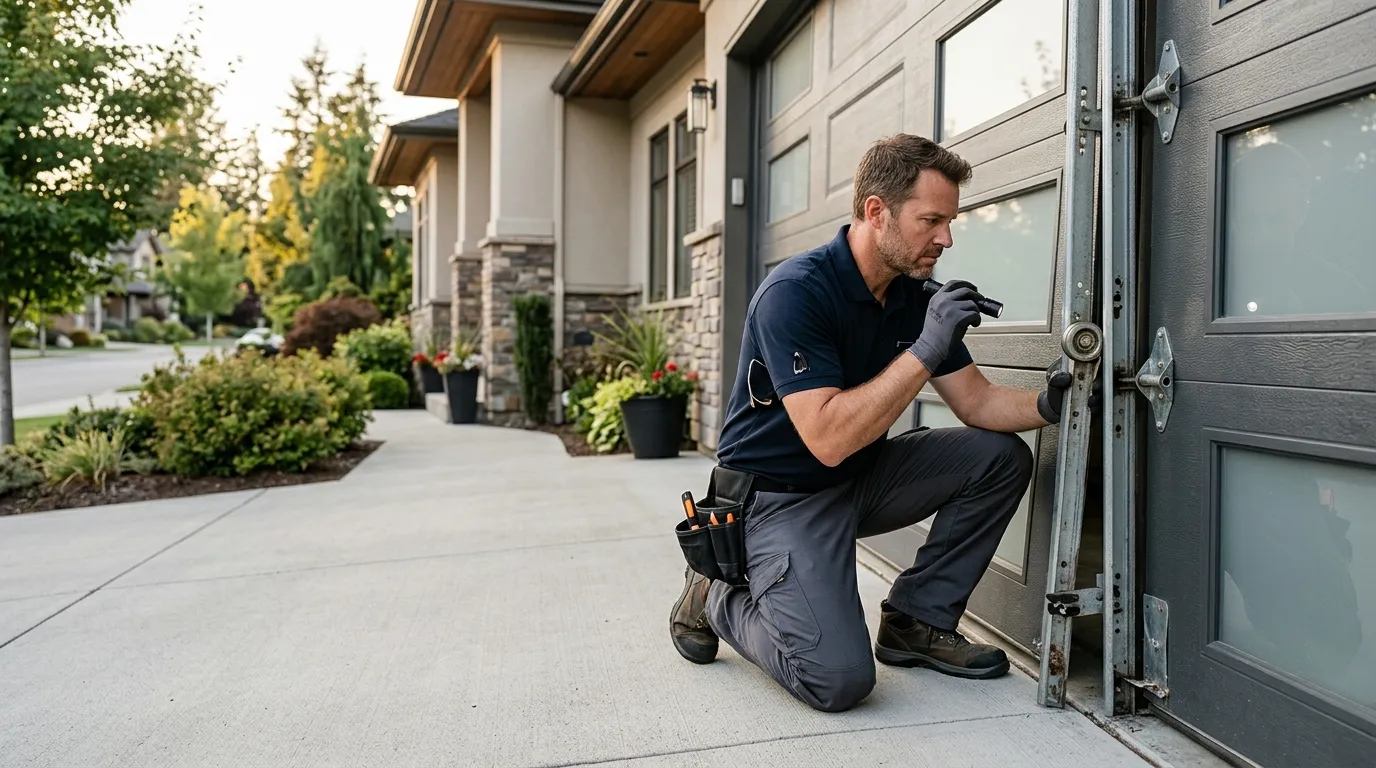 Garage door detail illustrating why a door goes off track in this town's houses