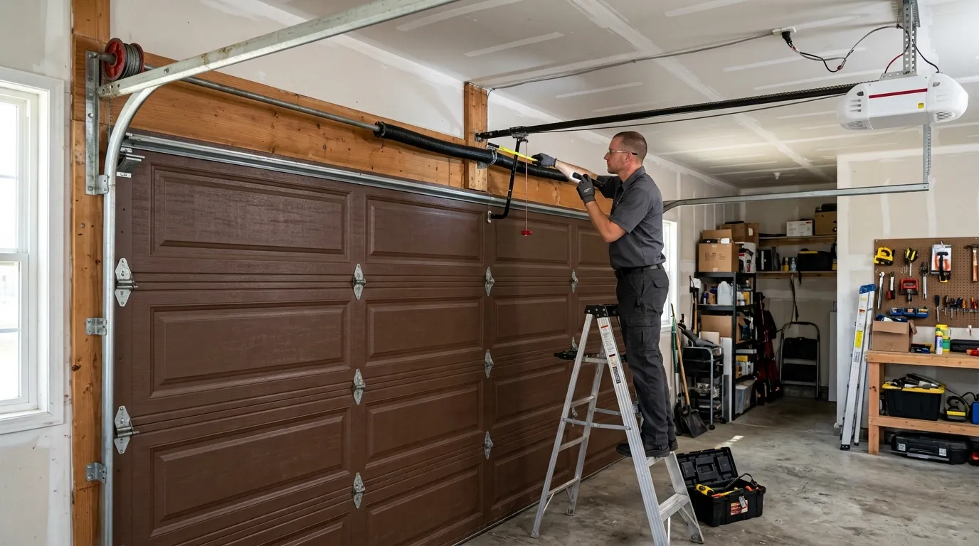 Garage door technician inspecting springs rollers tracks and opener