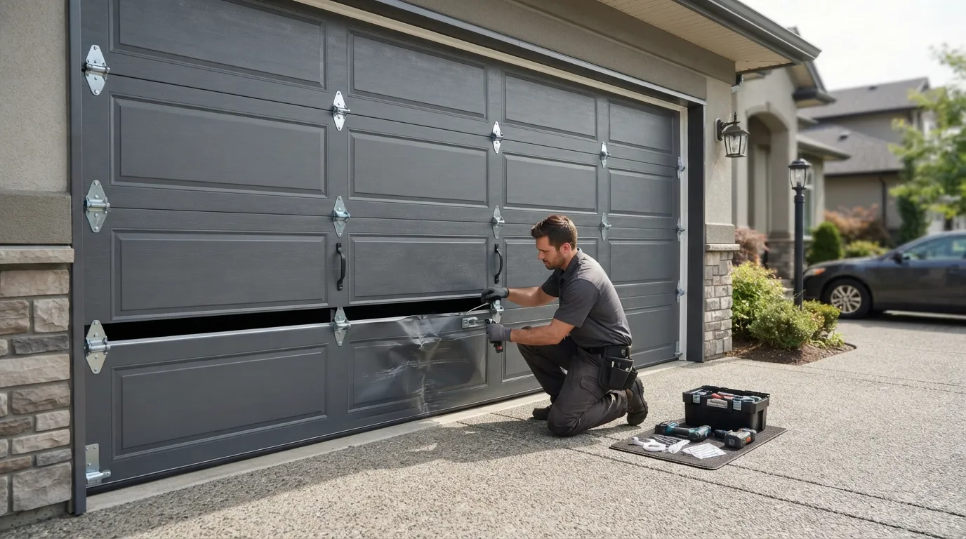Garage door technician repairing an older residential garage door in Naperville Illinois